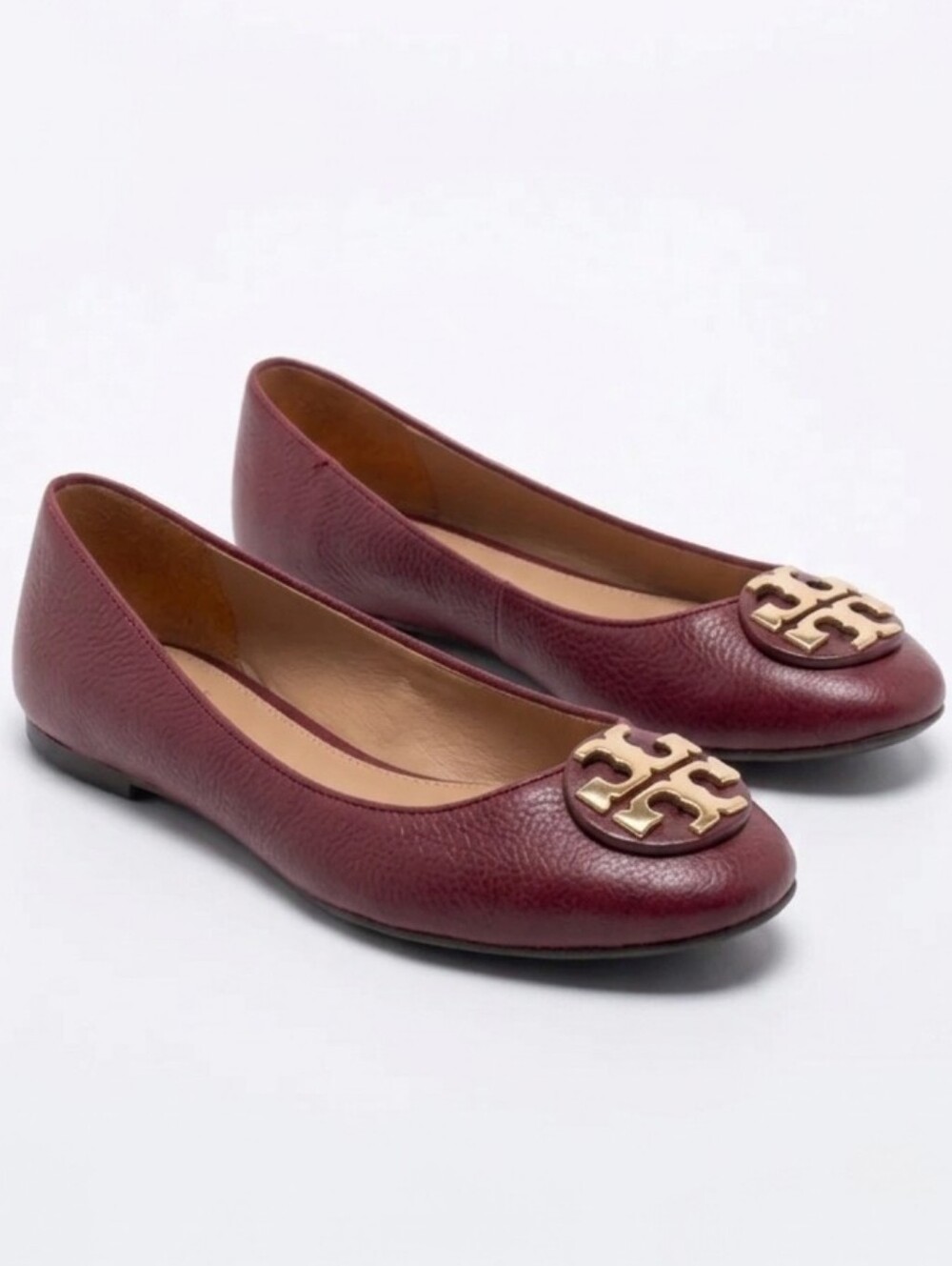 Tory Burch Leather Reva Ballet Flats Burgundy 7 Slip-On Shoes Gold Preppy Luxury